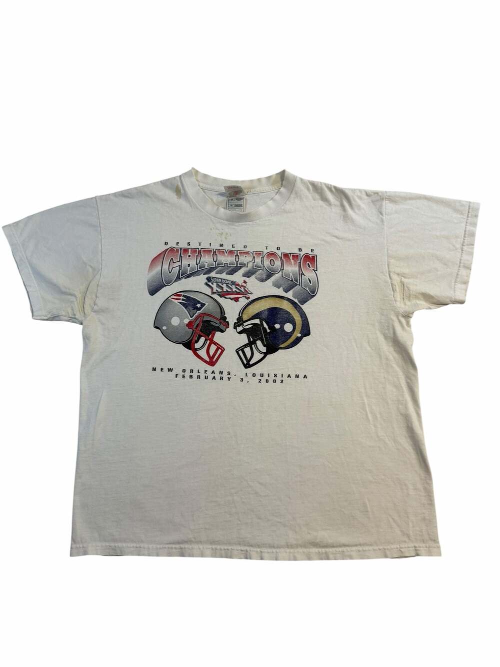 Vintage Super Bowl XXXVI 2002 T Shirt Patriots Rams NFL XL Distressed